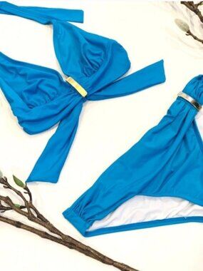 2 Bamboo Swimwear Bikini Halter Blue With Gold
